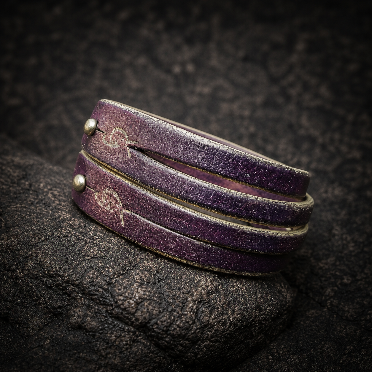Women's Leather Cuff Bracelet - Purple and Gold Color