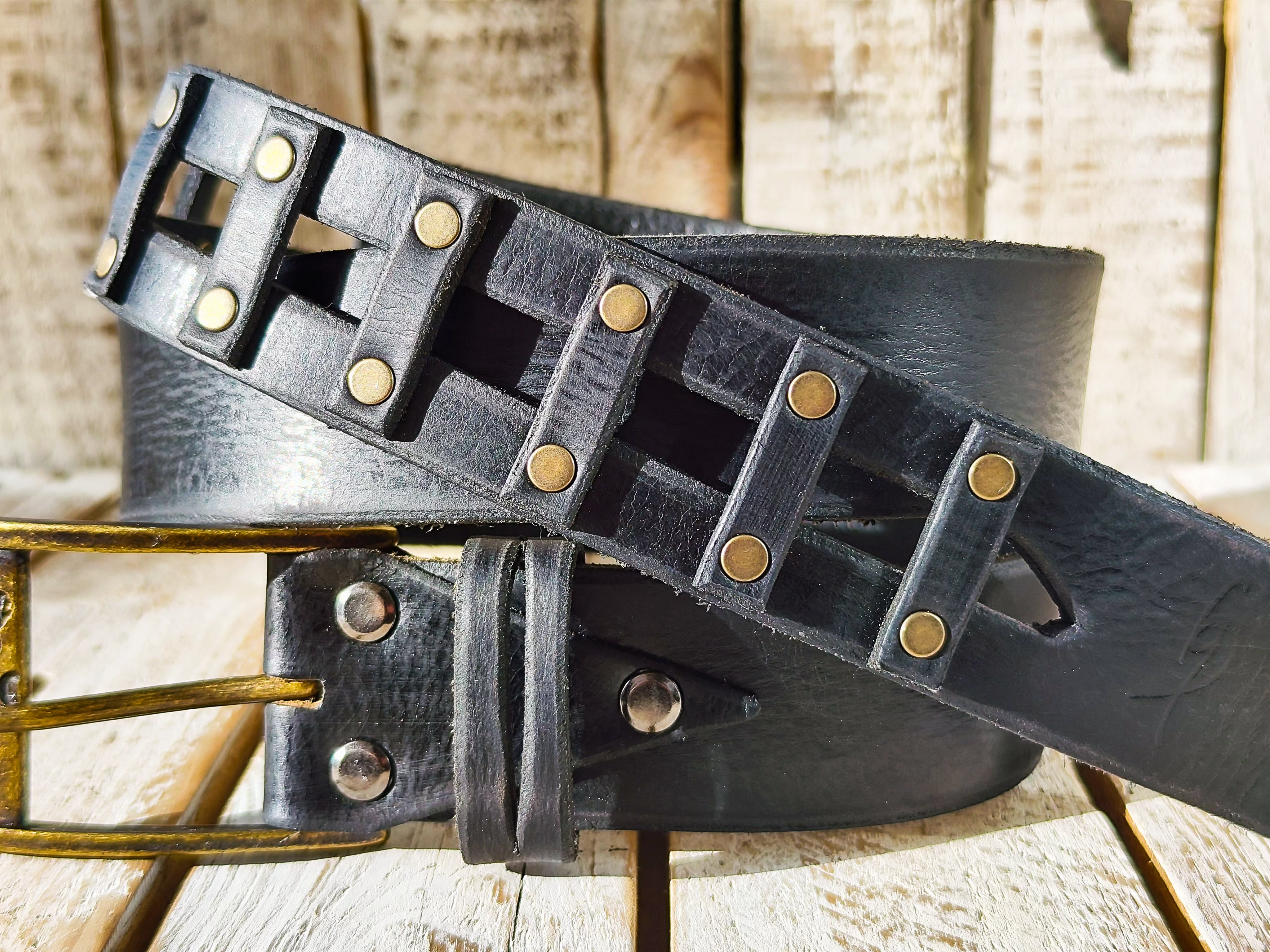 Handmade Black Leather Belt - Mens Jeans Belt - Genuine Leather - Unique Custom Design - X-mas Gift - Rocker Style