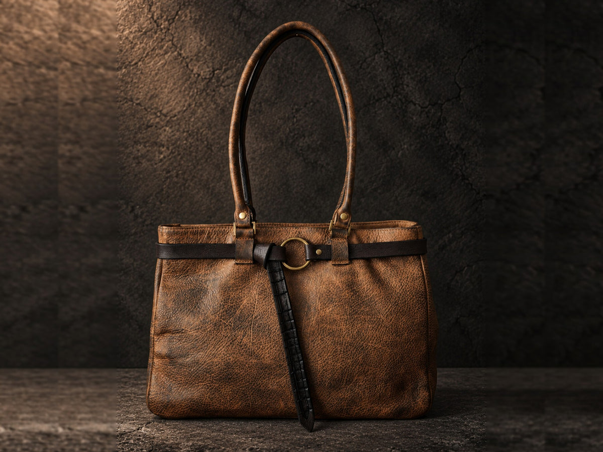 Hand-dyed brown leather tote bag with removable black crocodile-embossed belt – handmade ISHAOR