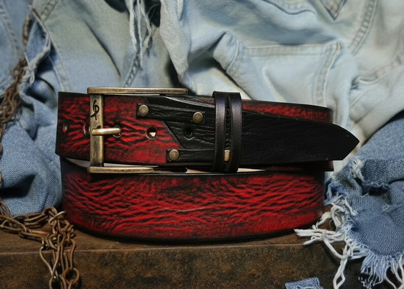 Vintage Red and Black Leather Belt for Men - Artisan Crafted Design