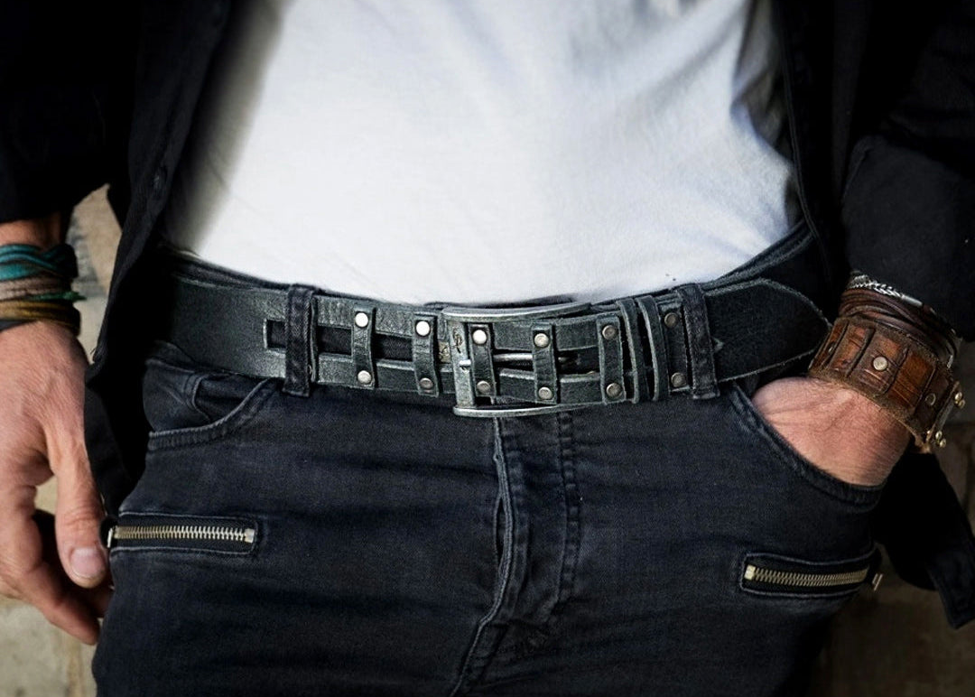Handmade Black Leather Belt - Mens Jeans Belt - Genuine Leather - Unique Custom Design - X-mas Gift - Rocker Style