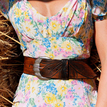 Handmade Brown Leather Waist Belt with Silver Buckle β Wide 5.5cm Design, Carved Flower Detail, Unique Belt for Dresses, Jackets, and Jeans