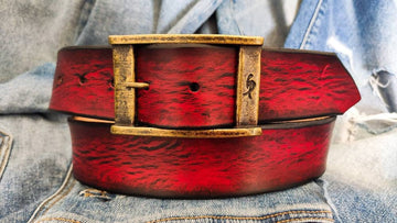 Vintage Red  Black Wash Leather Belt - Classic Styling for a Timeless Look