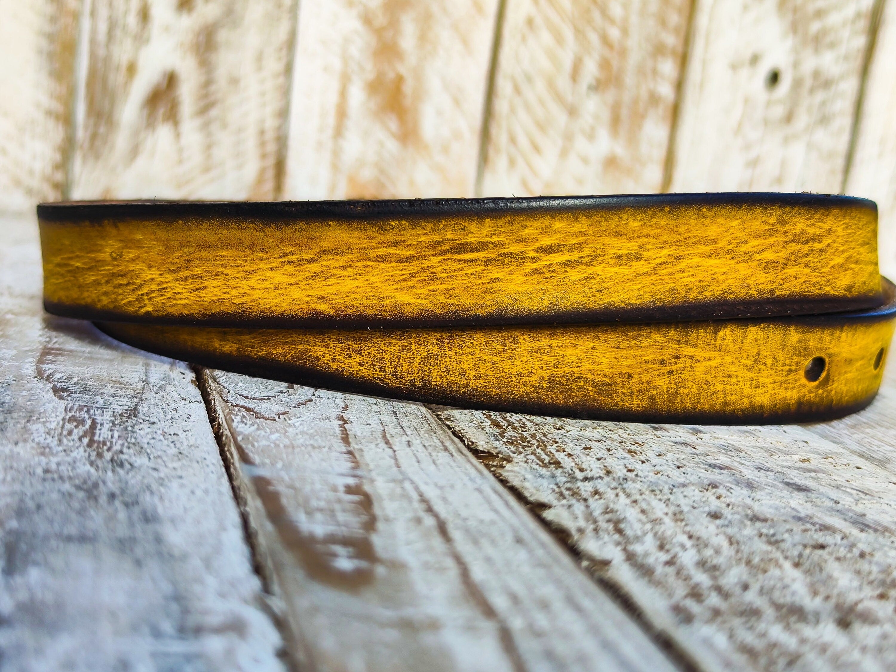 Distressed Yellow Narrow Leather Belt for men and women with brown wash & silver buckle.A Statement Piece for Your Jeans Stunning rough fini