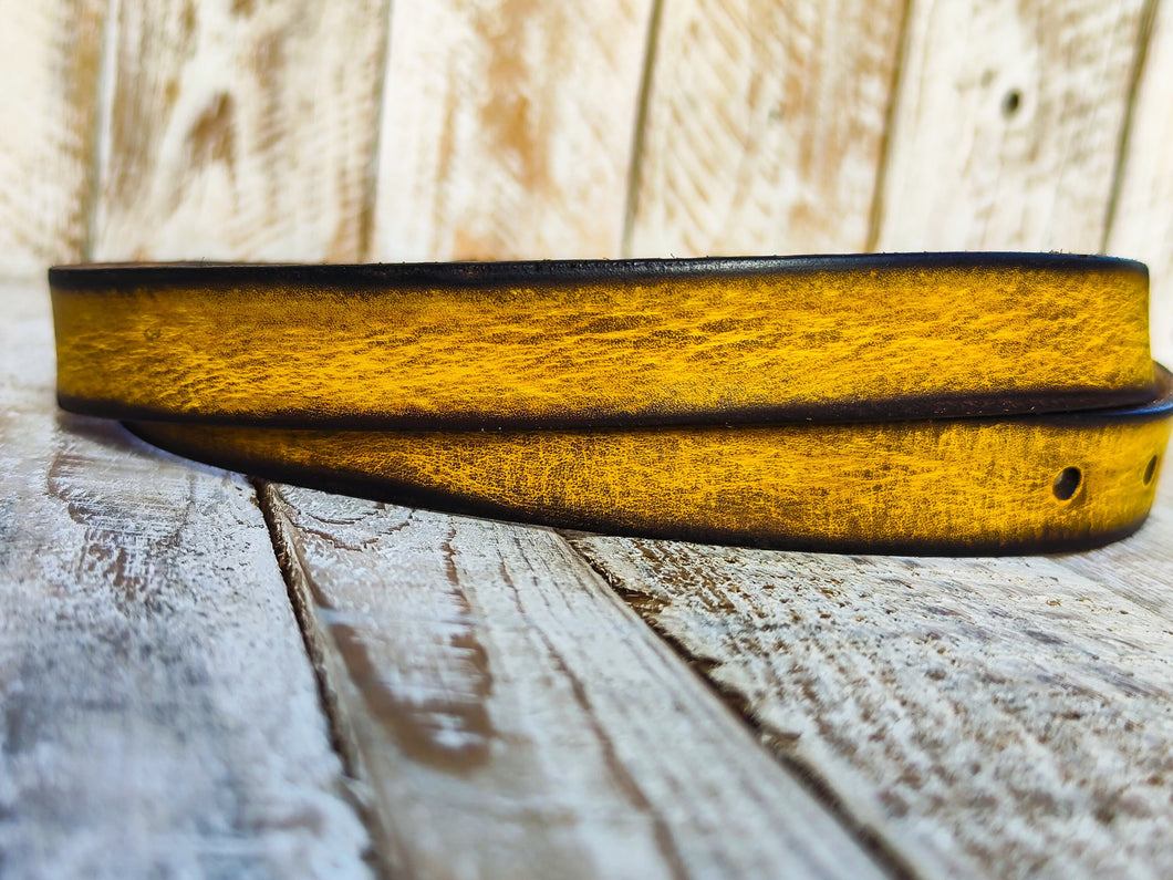 Distressed Yellow Narrow Leather Belt for men and women with brown wash & silver buckle.A Statement Piece for Your Jeans Stunning rough fini
