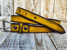 Distressed Yellow Narrow Leather Belt with Brown Wash and Silver Buckle for Men and Women - Statement Piece for Your Jeans