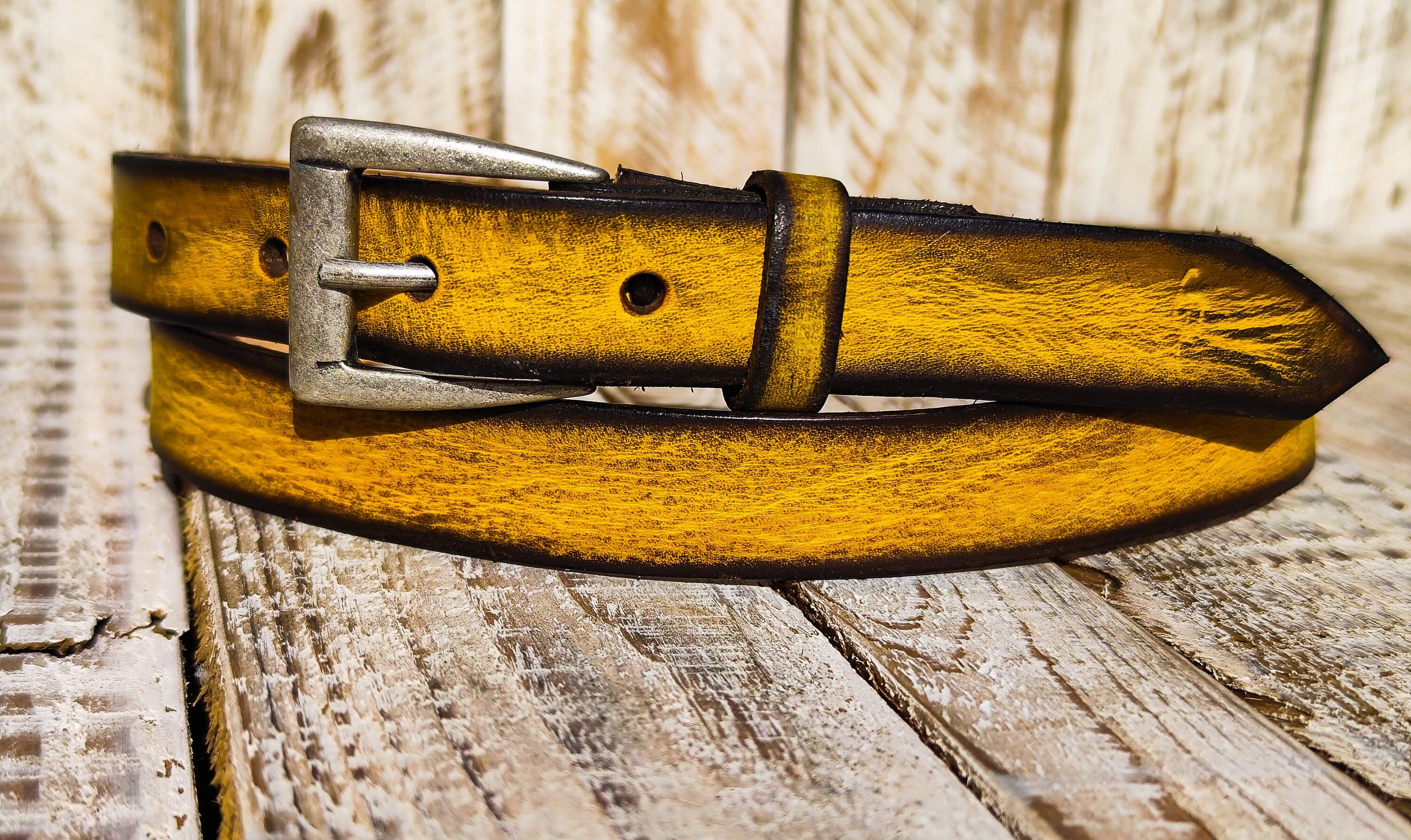 Distressed Yellow Narrow Leather Belt for men and women with brown wash & silver buckle.A Statement Piece for Your Jeans Stunning rough fini