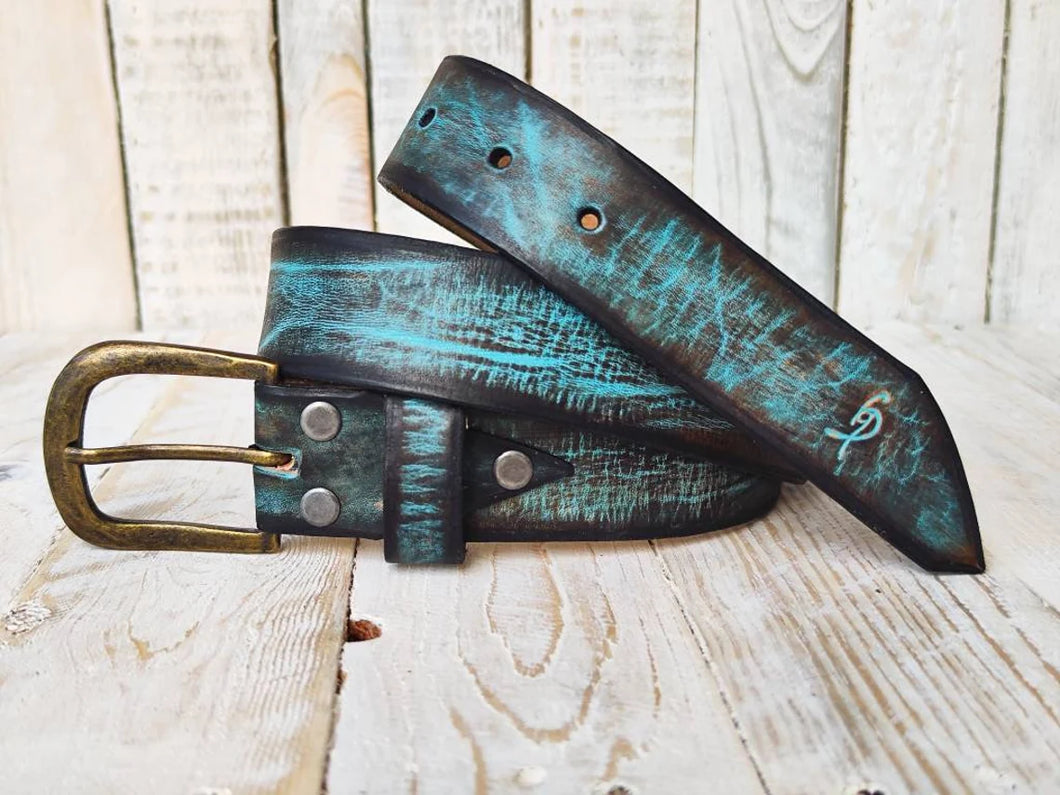 Vintage Wash Brown Leather Belt with Turquoise Accent - Perfect for Any Outfit