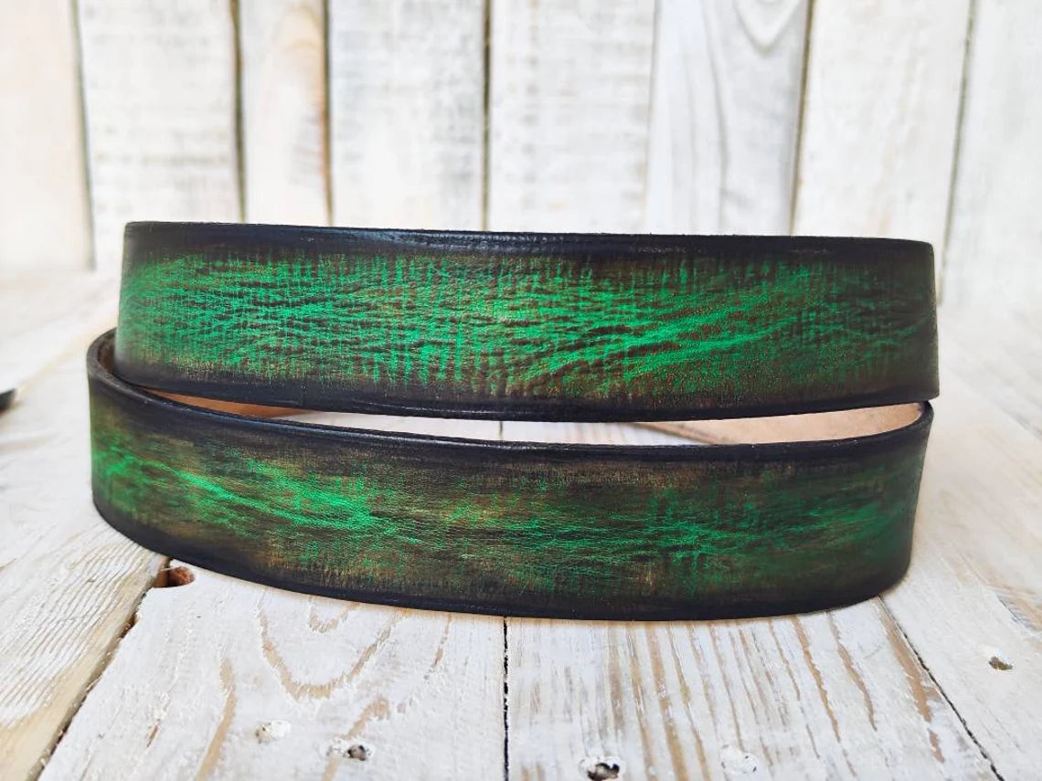 Vintage Washed Green Leather Belt - Brown - Classic Style