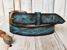 Vintage Wash Brown Leather Belt with Turquoise Accent - Perfect for Any Outfit