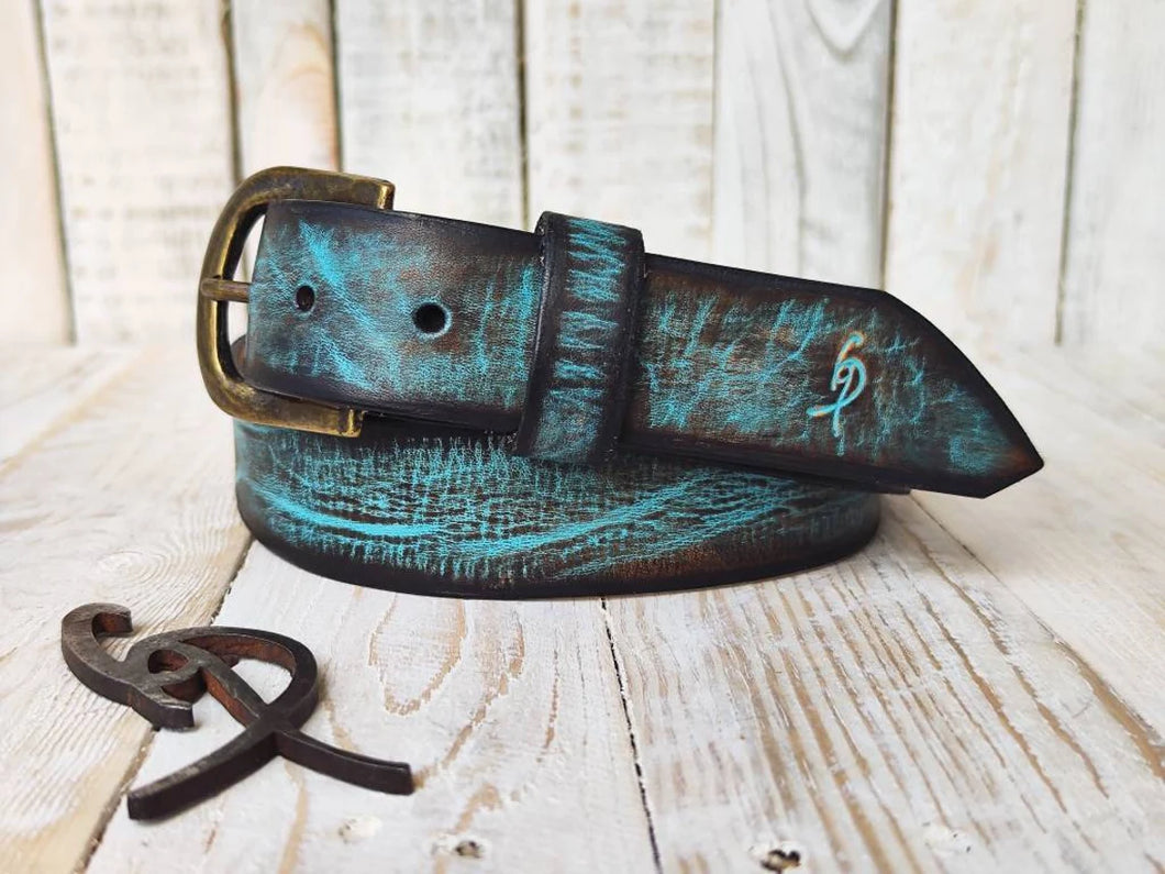 Vintage Wash Brown Leather Belt with Turquoise Accent - Perfect for Any Outfit