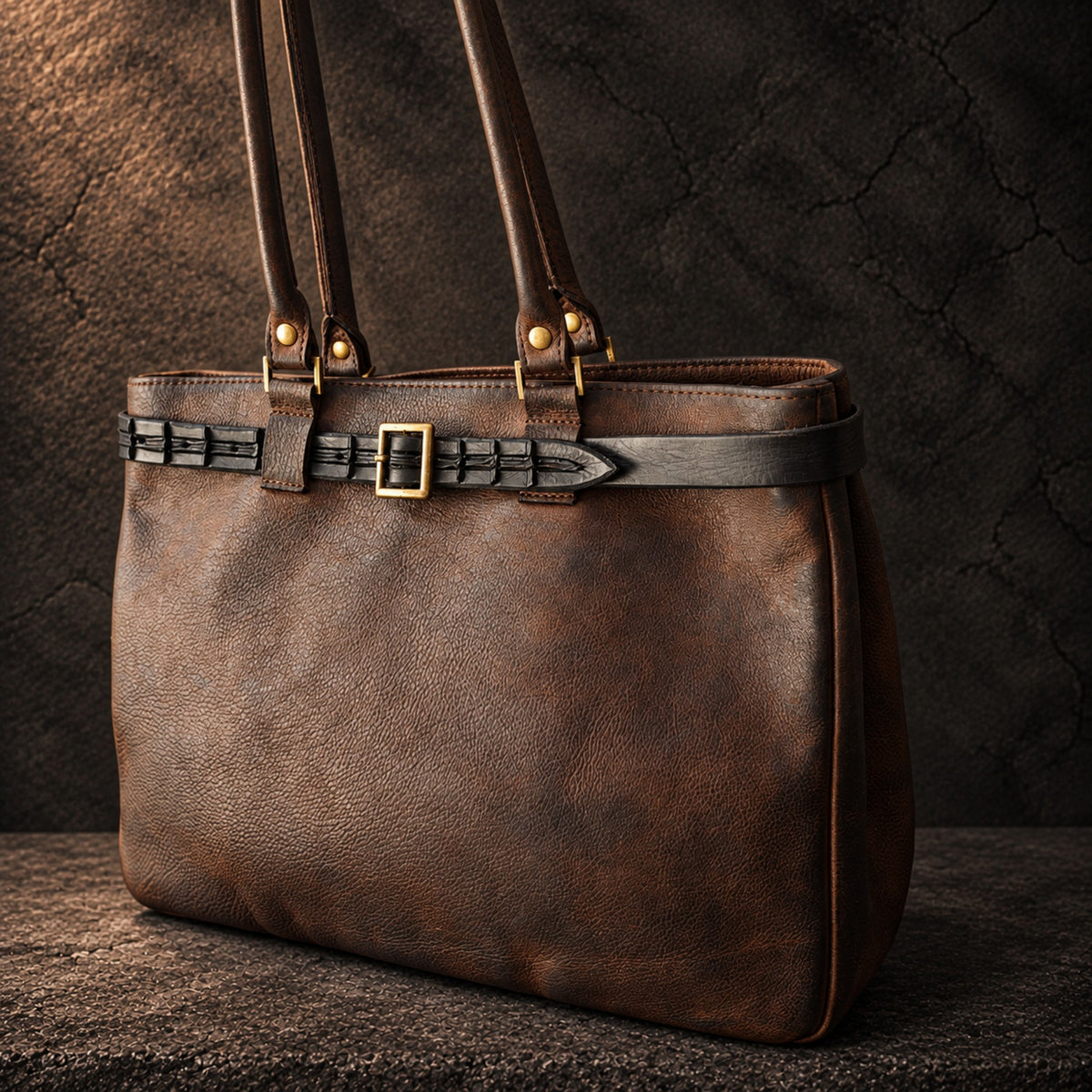 Three-quarter view of dark brown hand-dyed leather tote bag with tall shoulder handles and black leather belt