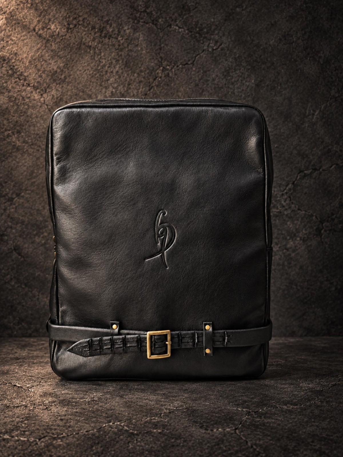 Black leather laptop backpack front view with embossed ISHAOR logo and crocodile-embossed leather strap