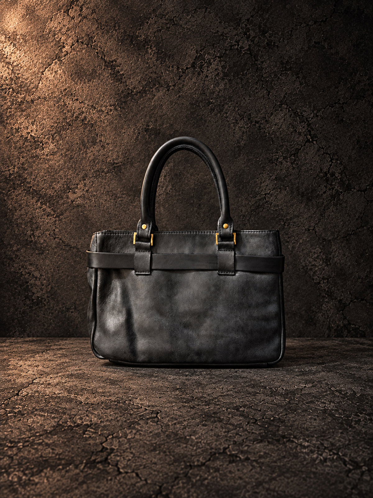 Back view of small black leather handbag with top handles