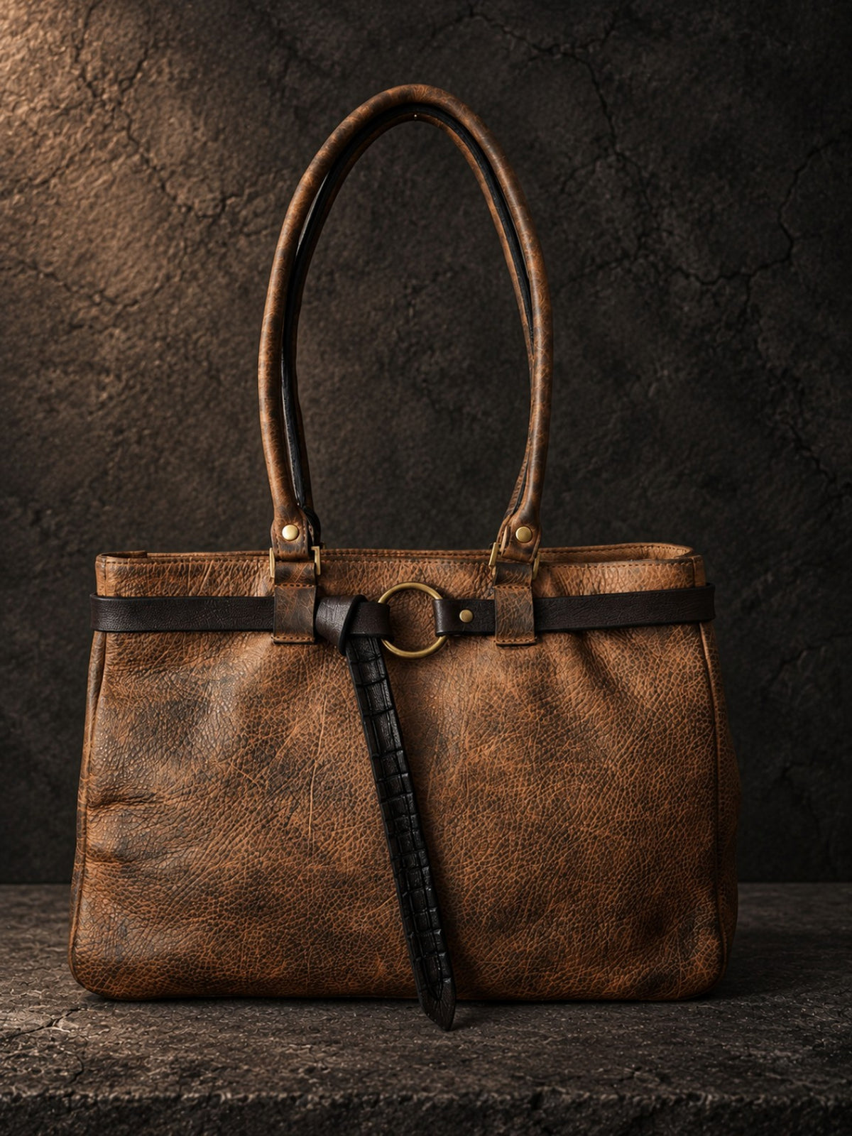 Front view of handmade brown leather women's tote with removable black crocodile-embossed belt