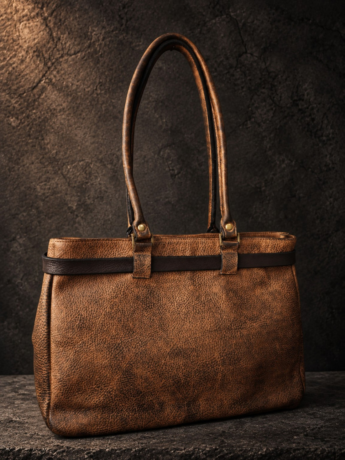 Back angled view of hand-dyed brown leather tote bag with shoulder handles