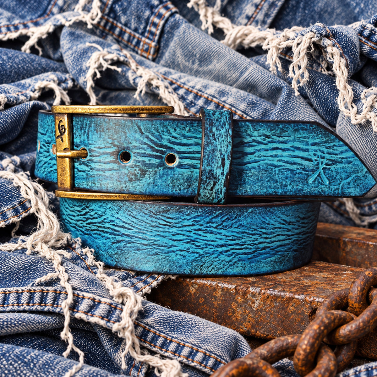 ISHAOR handmade turquoise belt, side view of the brass buckle and keeper on frayed denim