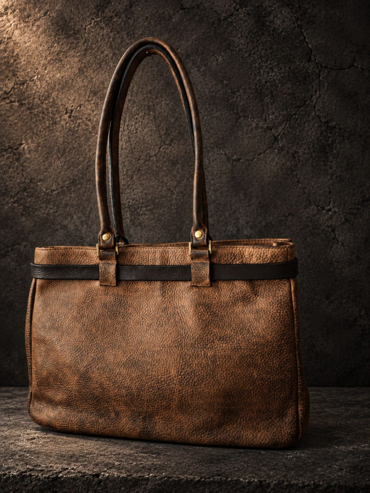 Back view of large brown leather everyday tote bag – handmade ISHAOR