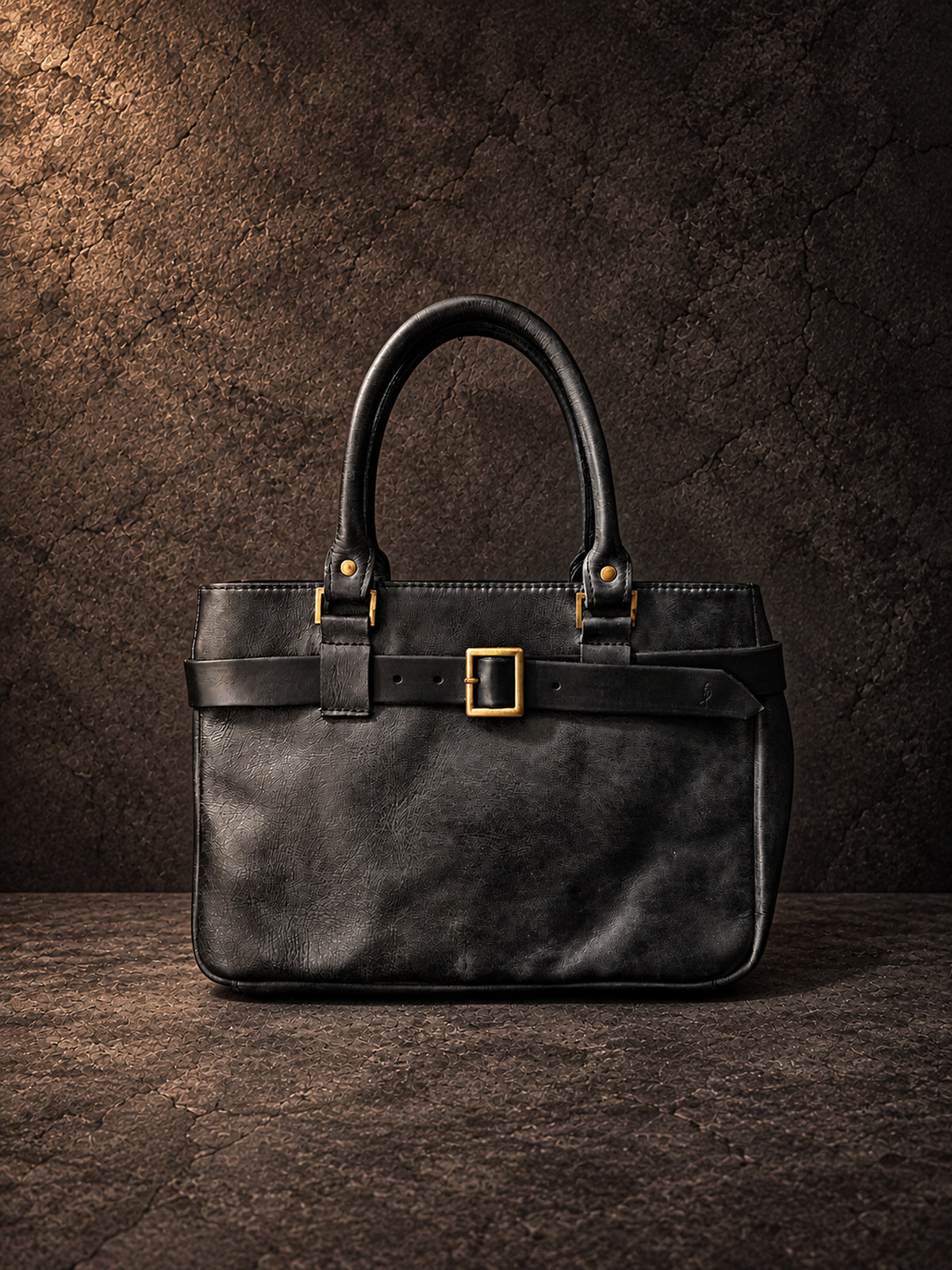 Front view of small black women's leather handbag with removable belt – handmade ISHAOR