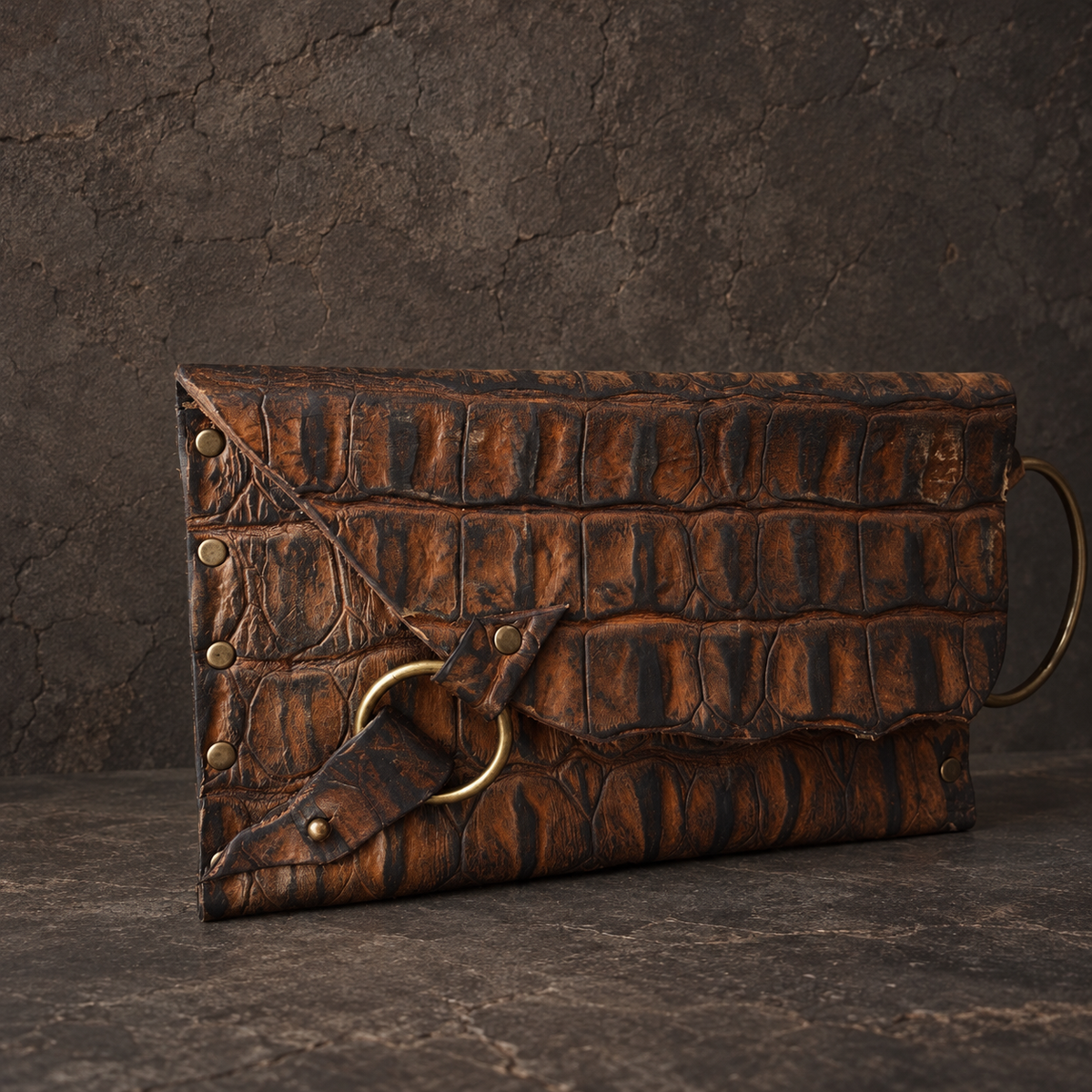 Crocodile-Embossed Leather Wristlet Clutch – Hand-Dyed, Brass Ring Bracelet Handle