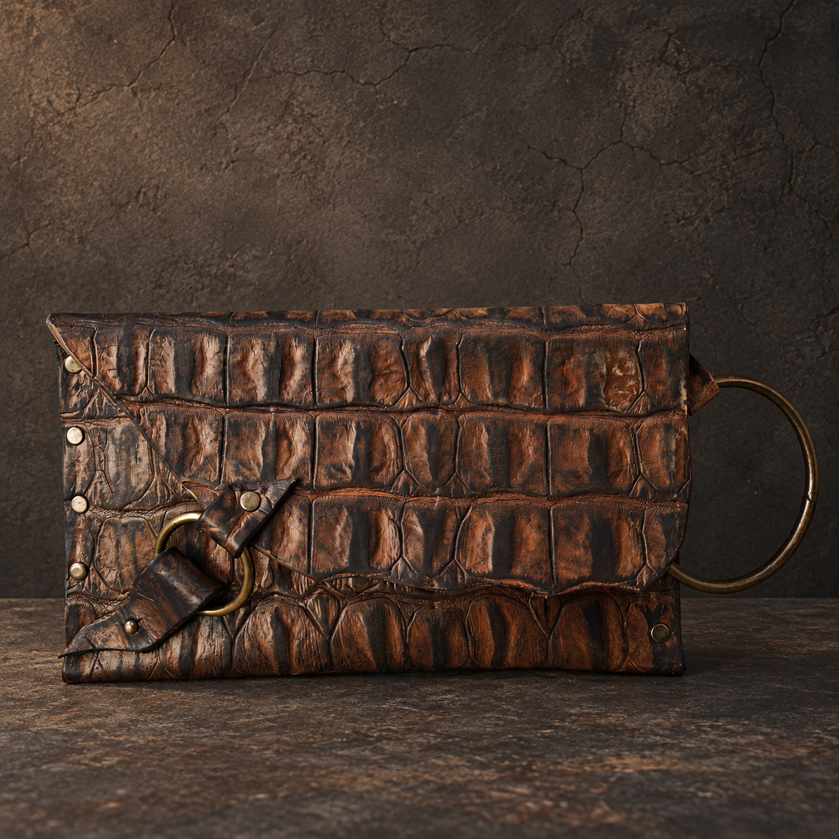 Crocodile-Embossed Leather Wristlet Clutch – Hand-Dyed, Brass Ring Bracelet Handle