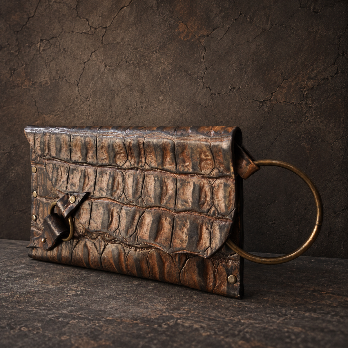 Crocodile-Embossed Leather Wristlet Clutch – Hand-Dyed, Brass Ring Bracelet Handle