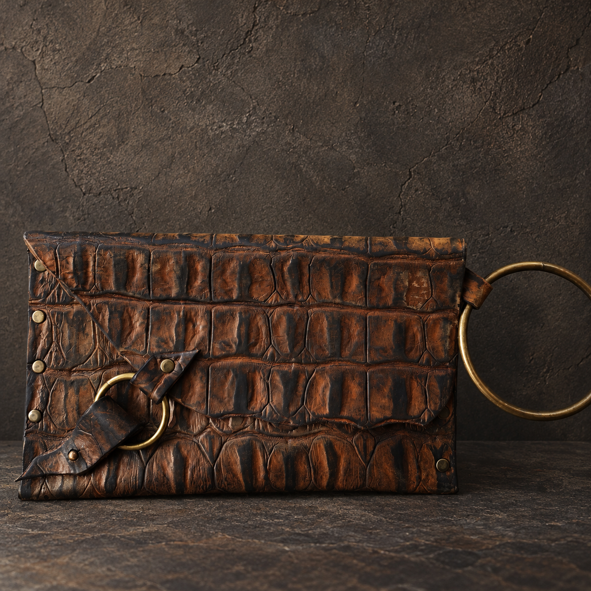 Crocodile-Embossed Leather Wristlet Clutch – Hand-Dyed, Brass Ring Bracelet Handle