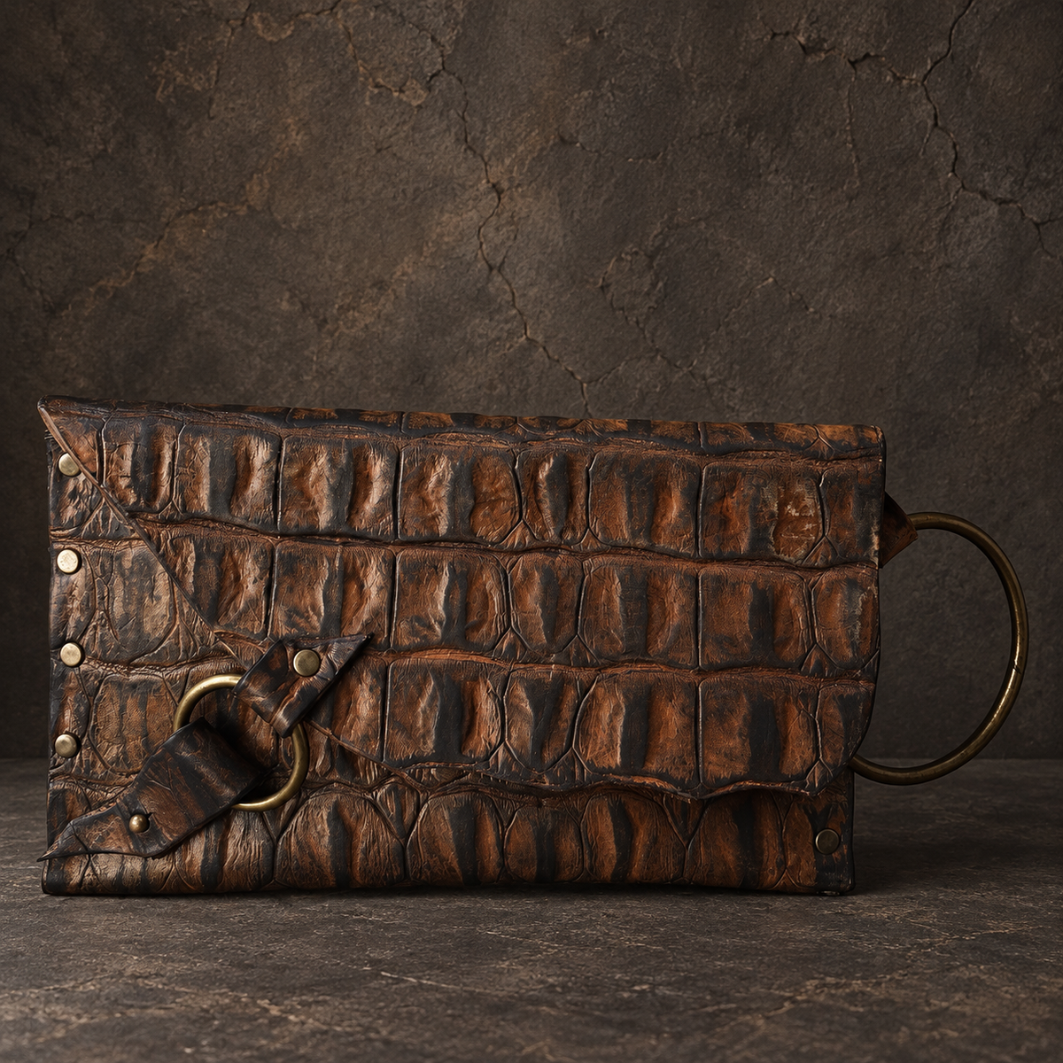 Crocodile-Embossed Leather Wristlet Clutch – Hand-Dyed, Brass Ring Bracelet Handle