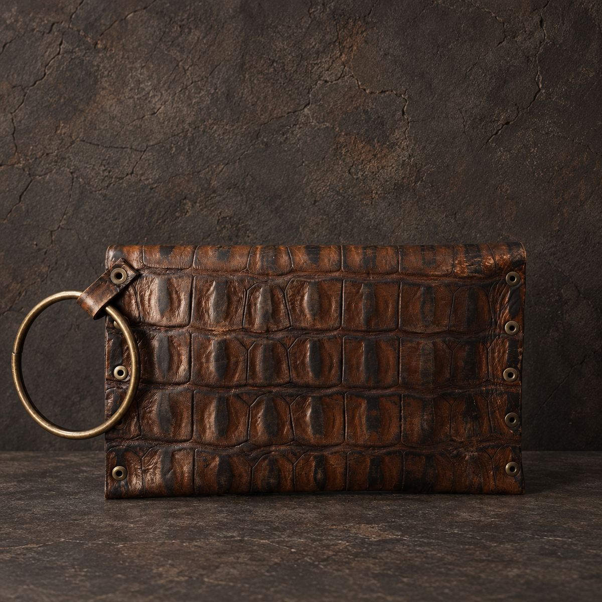 Crocodile-Embossed Leather Wristlet Clutch – Hand-Dyed, Brass Ring Bracelet Handle