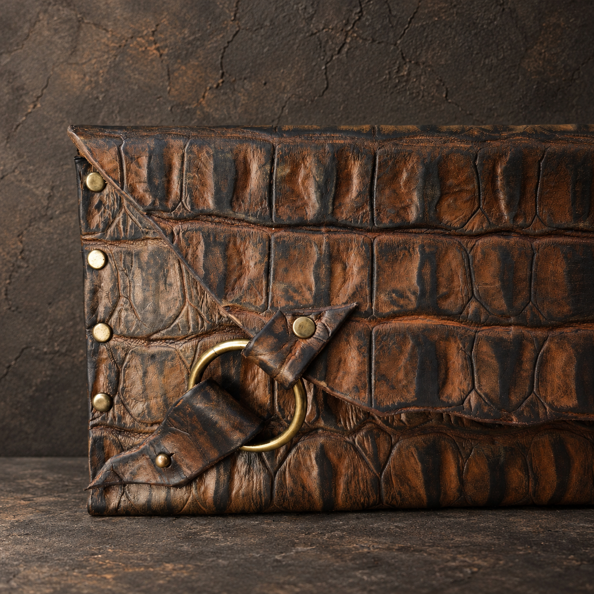 Crocodile-Embossed Leather Wristlet Clutch – Hand-Dyed, Brass Ring Bracelet Handle