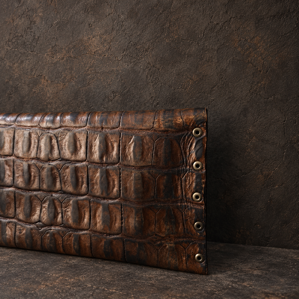 Crocodile-Embossed Leather Wristlet Clutch – Hand-Dyed, Brass Ring Bracelet Handle