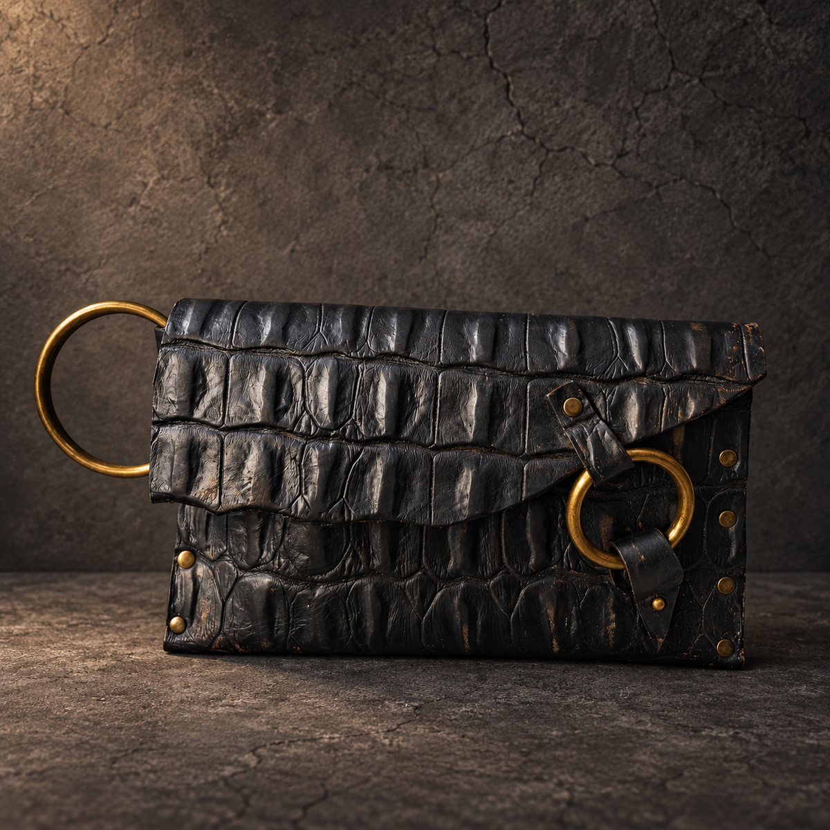Black Crocodile-Embossed Leather Wristlet Clutch – Hand-Dyed, Brass Ring Bracelet Handle