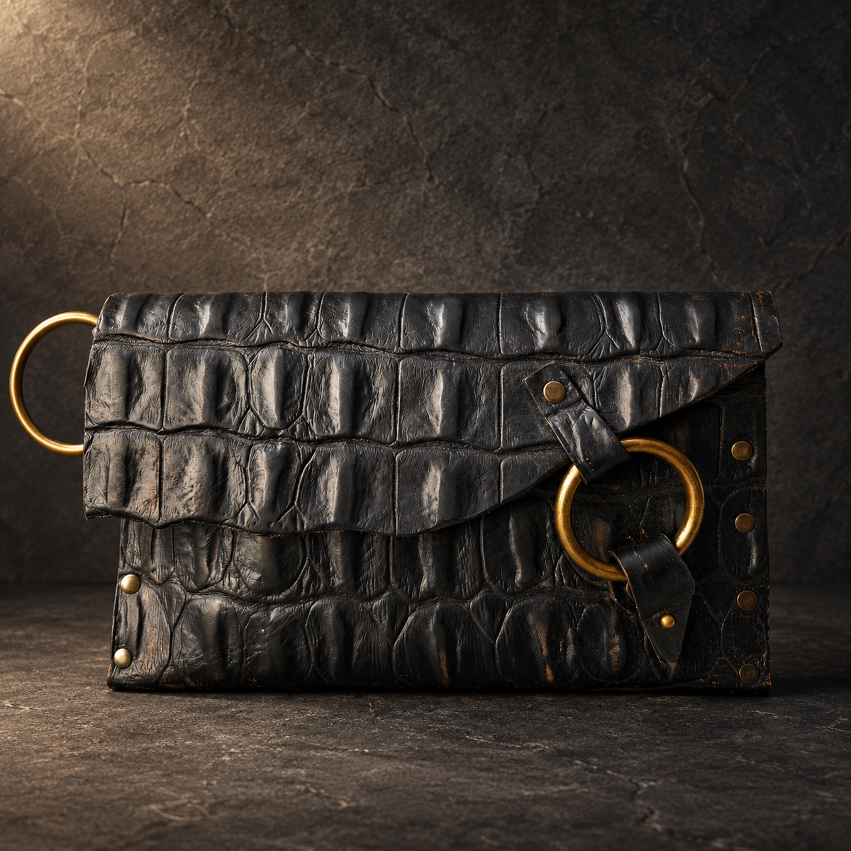 Black Crocodile-Embossed Leather Wristlet Clutch – Hand-Dyed, Brass Ring Bracelet Handle