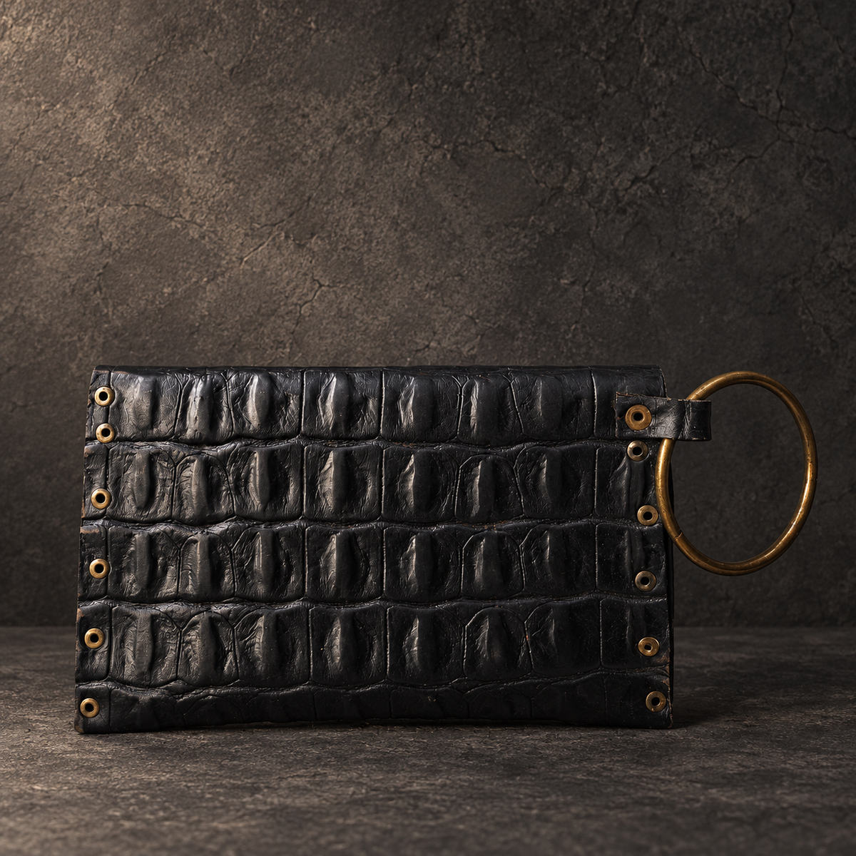 Black Crocodile-Embossed Leather Wristlet Clutch – Hand-Dyed, Brass Ring Bracelet Handle