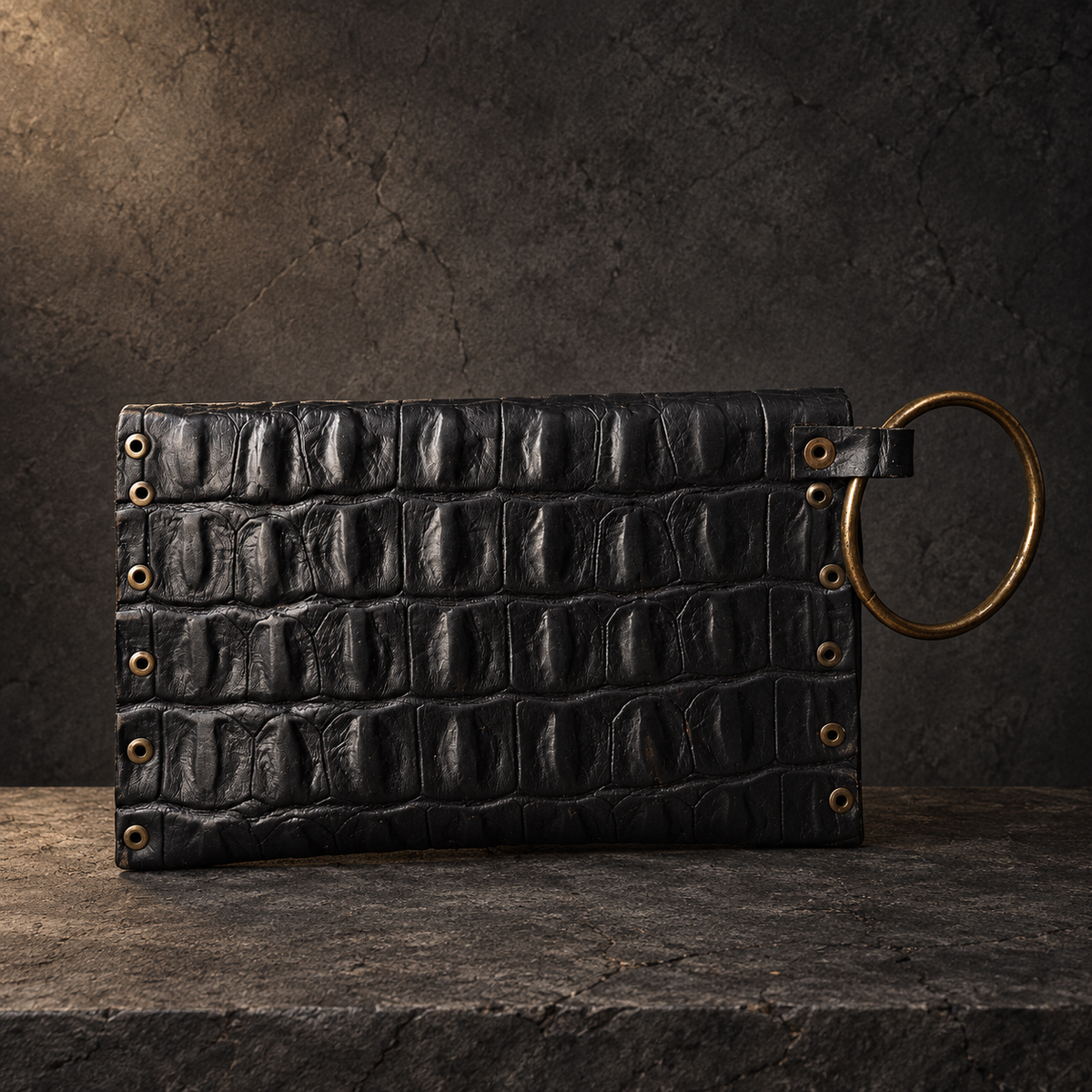 Black Crocodile-Embossed Leather Wristlet Clutch – Hand-Dyed, Brass Ring Bracelet Handle