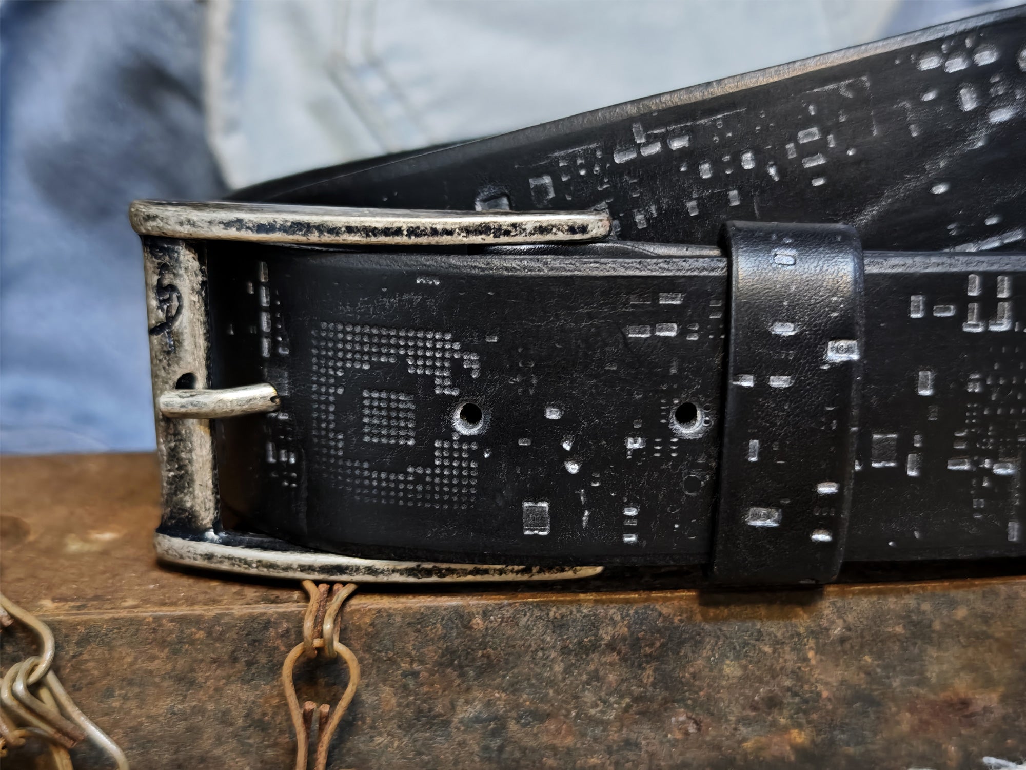 Black Leather Belt with silver E-Stamp and silver removable buckle by  Ishaor