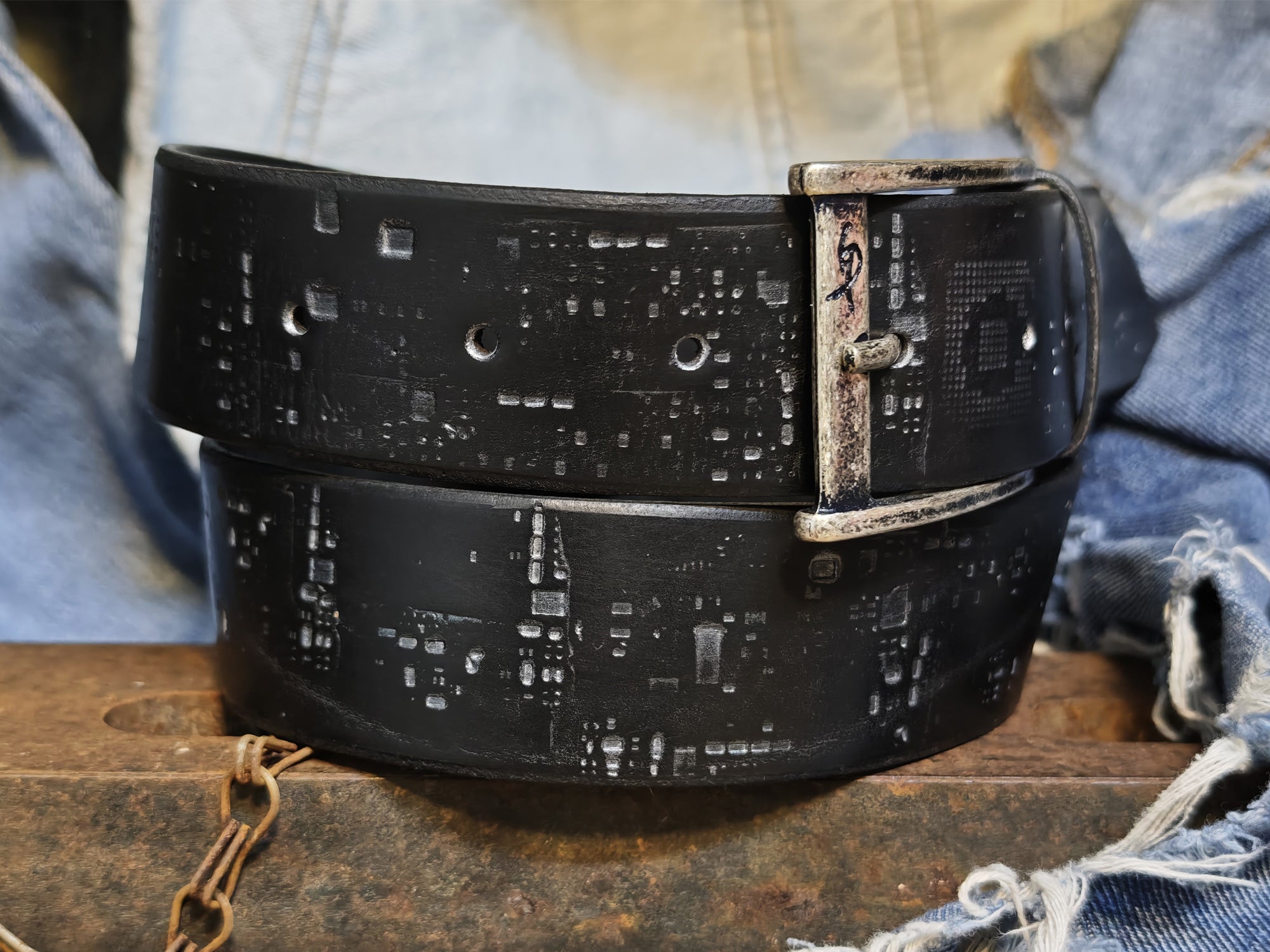 Black Leather Belt with silver E-Stamp and silver removable buckle by  Ishaor