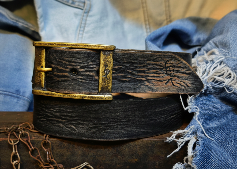Black Leather with brown wash Vintage Mens Belt - Personalized Custom Accessories for Him