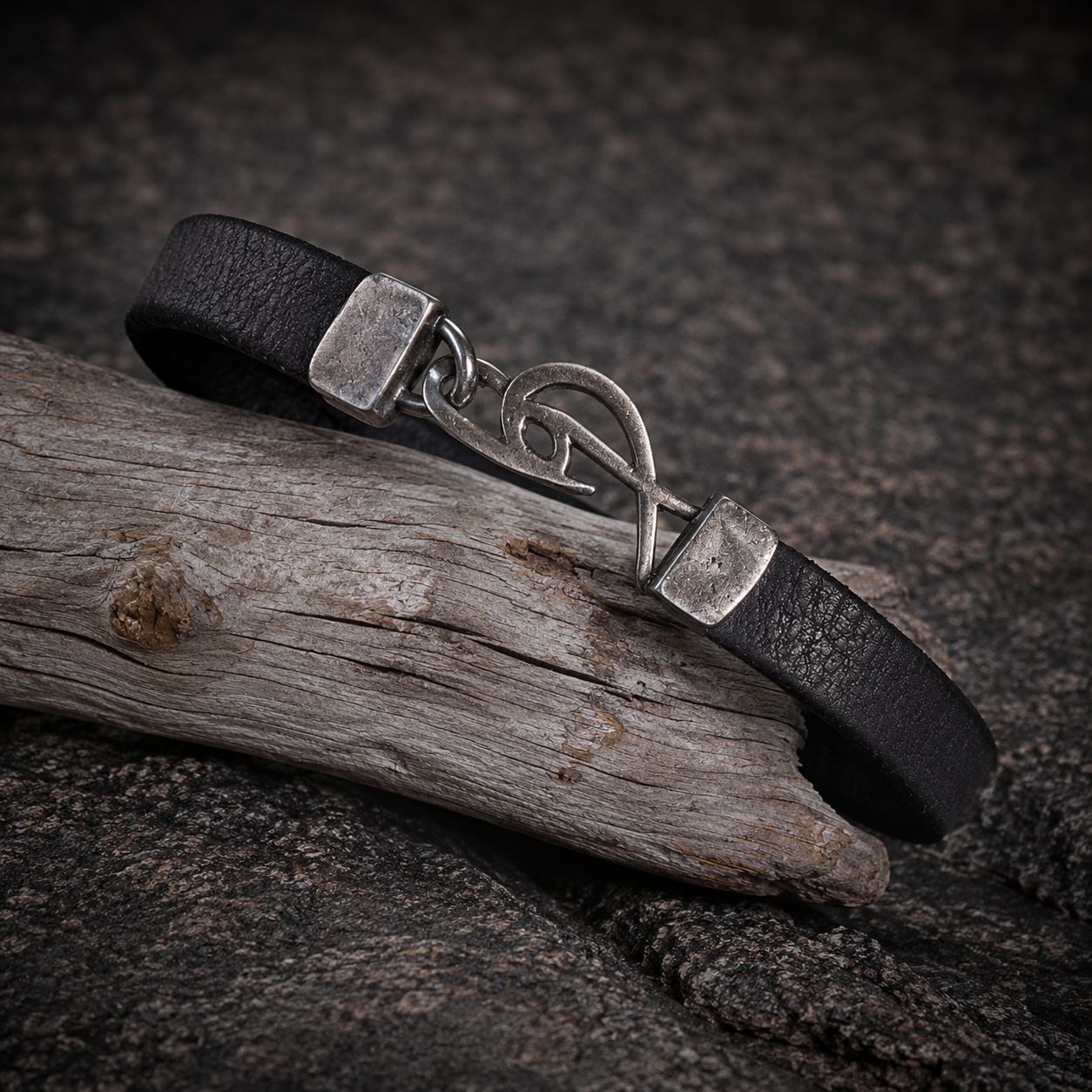 Mens  Black Leather Wrap Bracelet with Pure Silver Ishaor Signature Logo Clasp