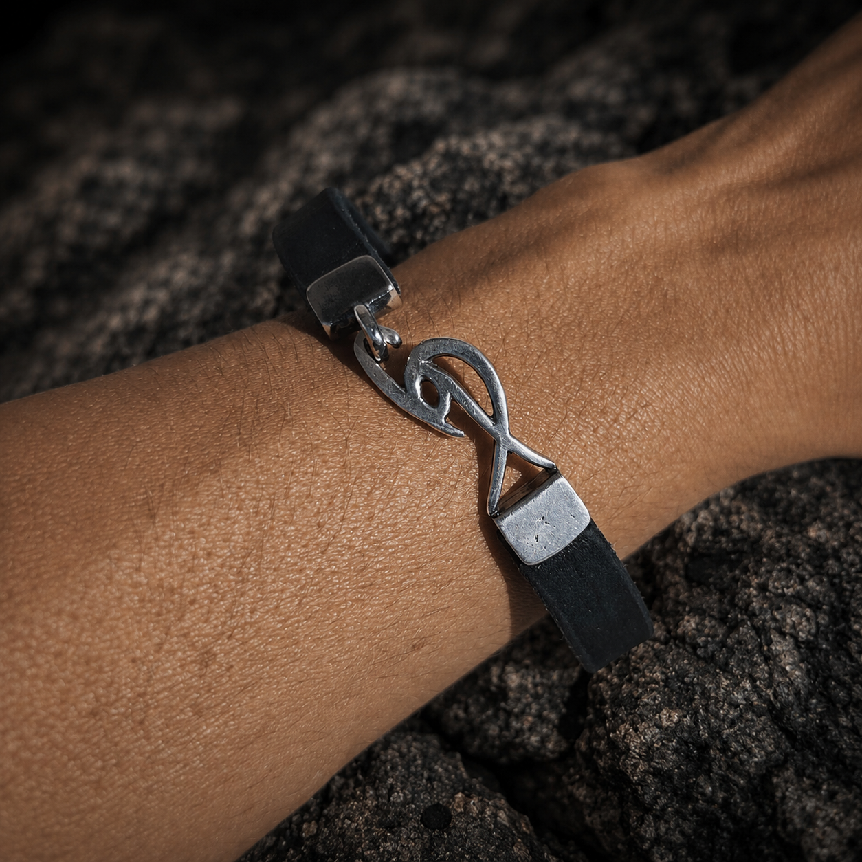 Mens  Black Leather Wrap Bracelet with Pure Silver Ishaor Signature Logo Clasp