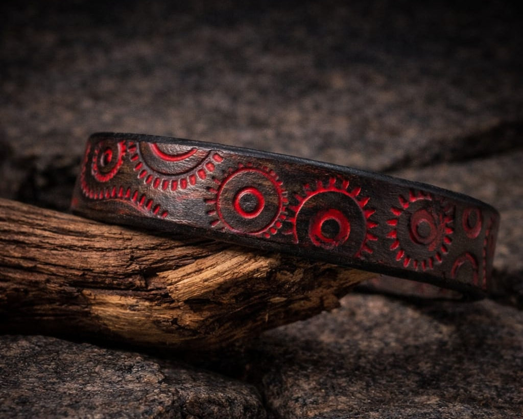 Handcrafted Steampunk Leather Bracelet - 1.5 cm Black & Red Motorcycle Gear Design by ISHAOR