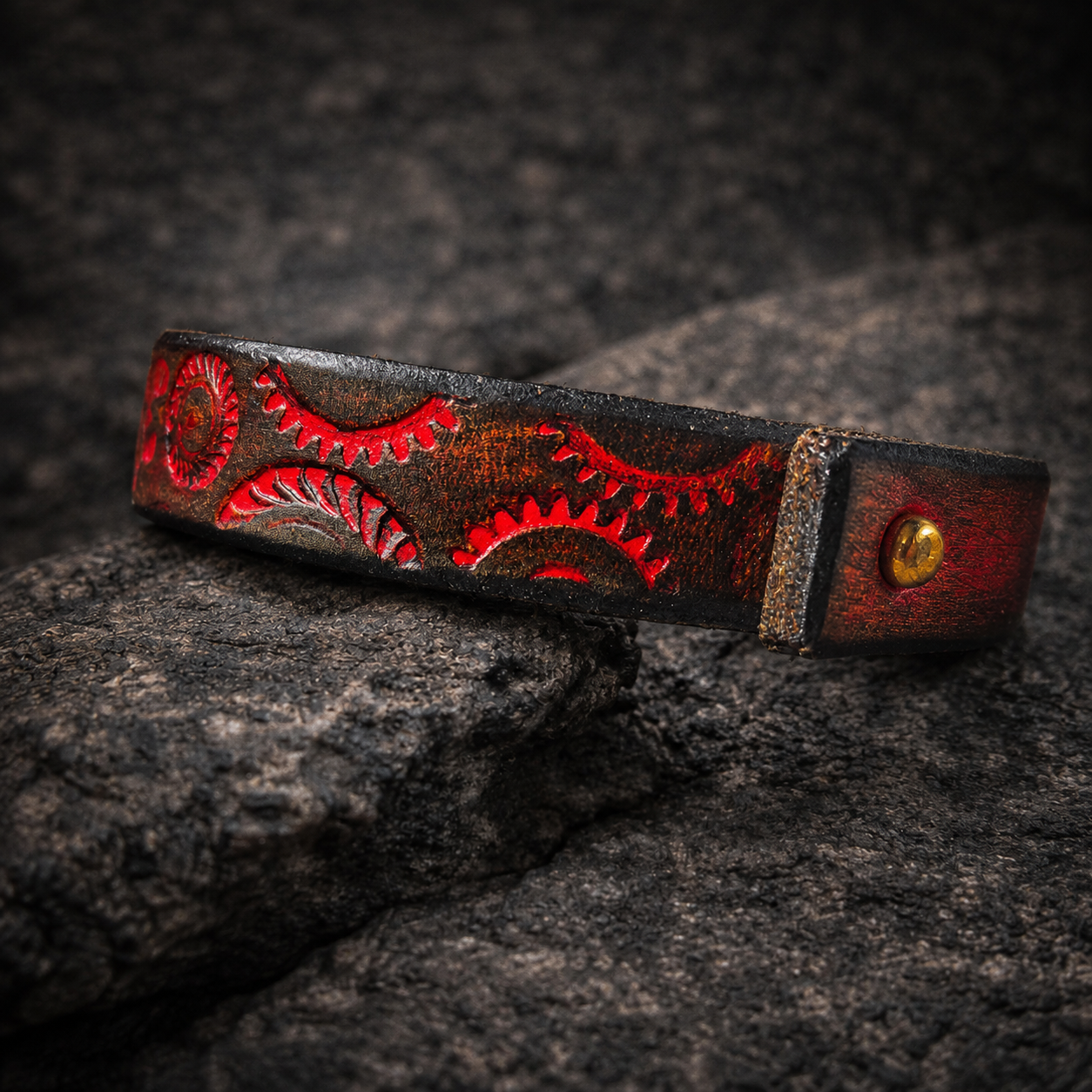 Handcrafted Steampunk Leather Bracelet - 1.5 cm Black & Red Motorcycle Gear Design by ISHAOR