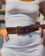 Handmade Brown Leather Waist Belt with Crocodile Tail Cut and Unique Gold Buckle – 5cm Wide, Perfect for Dresses & Jeans