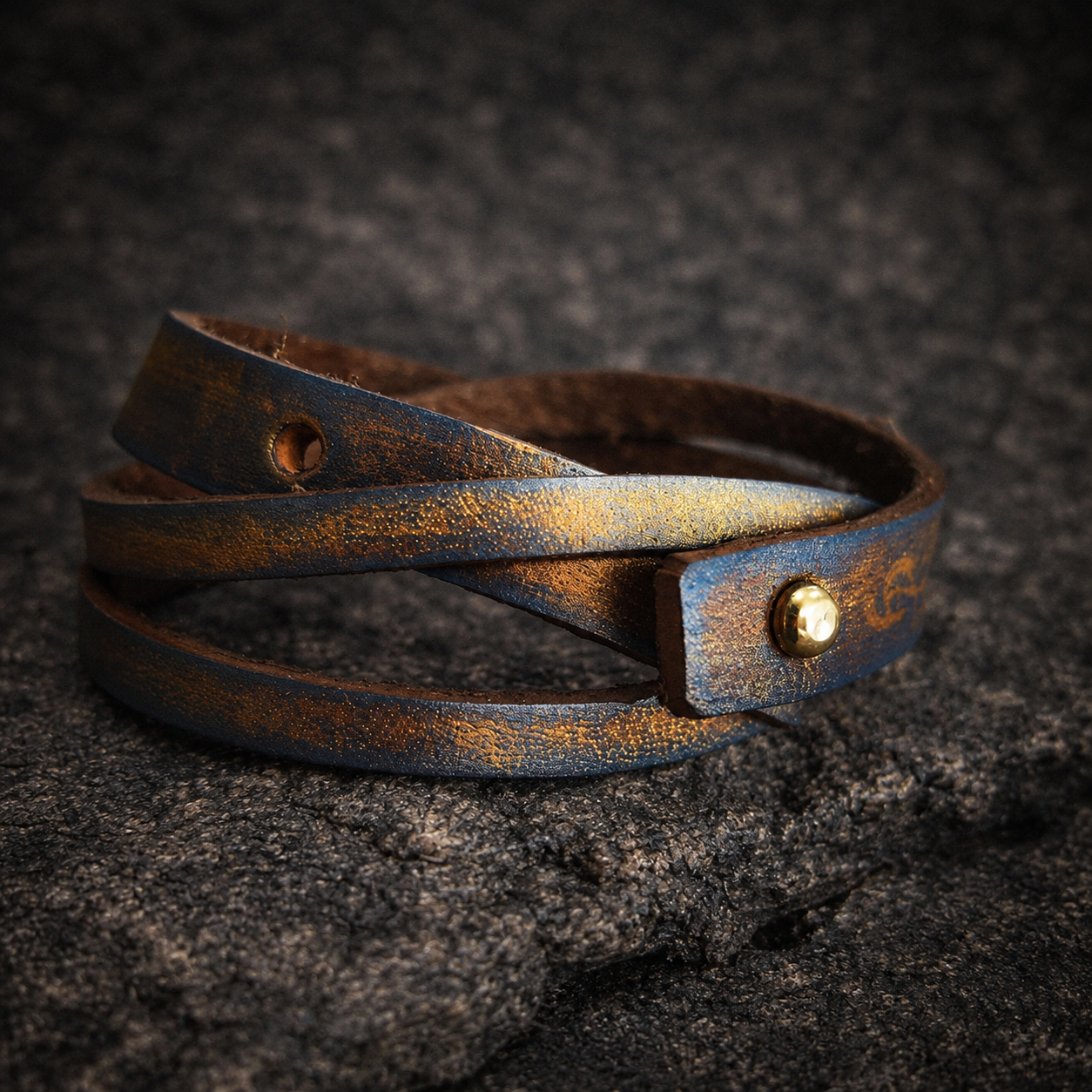 Double Loop Brown Leather Bracelet with Blue and Gold Wash - Unique and Versatile Design