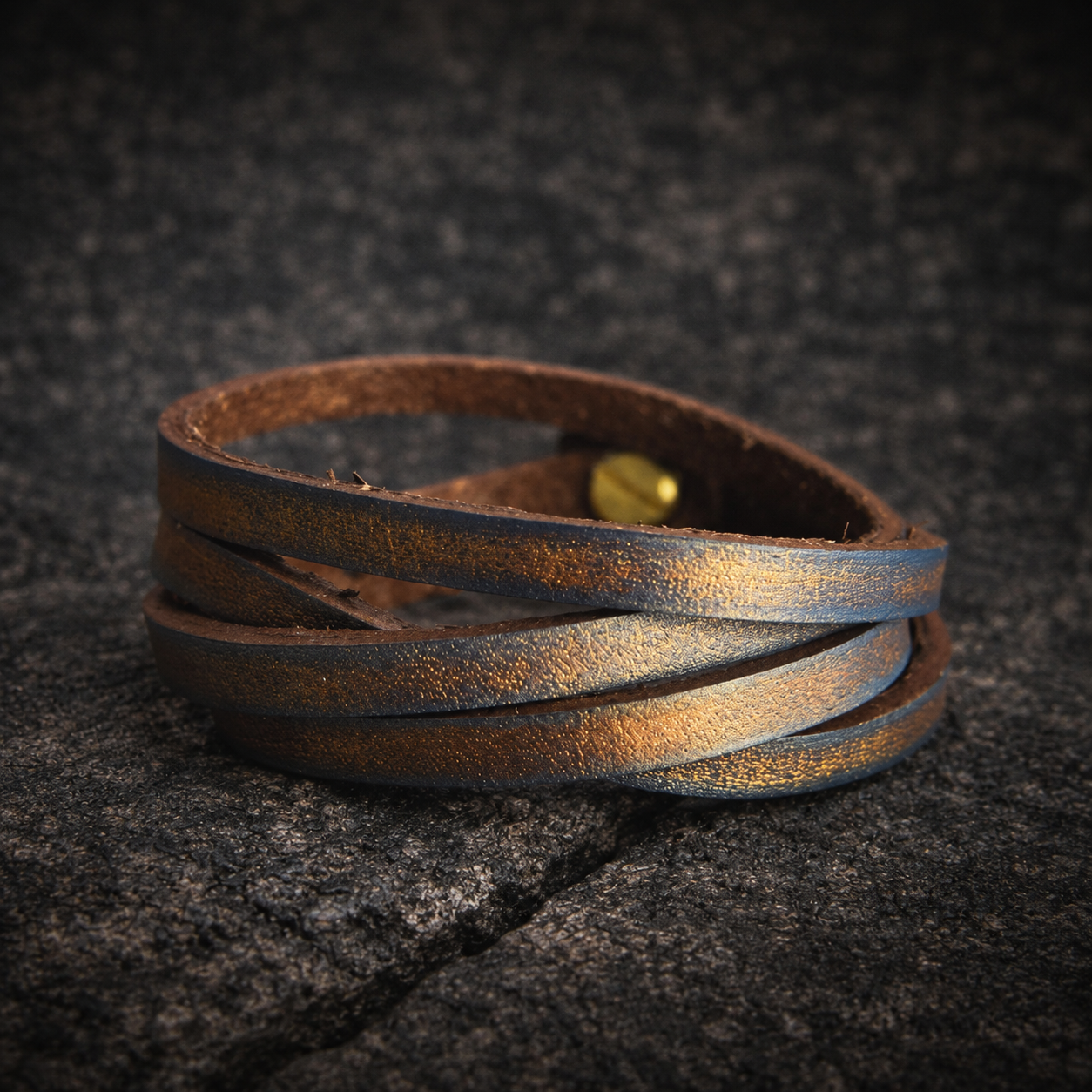 Double Loop Brown Leather Bracelet with Blue and Gold Wash - Unique and Versatile Design