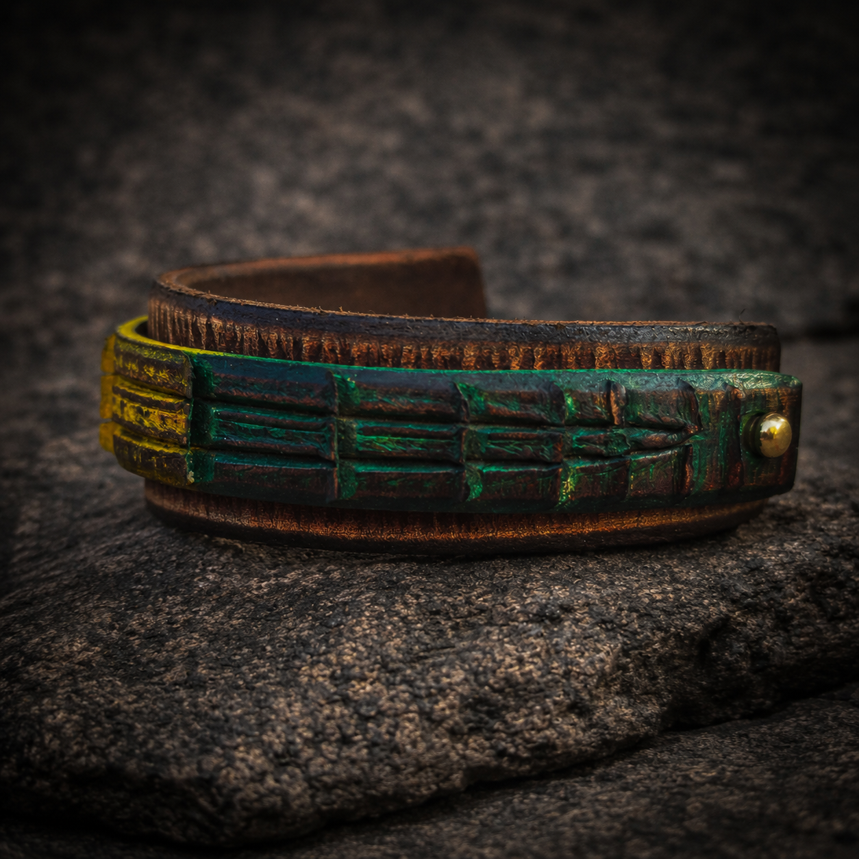 Brown Leather Mens Wrap Cuff Bracelet  Rasta Color  Crocodile Texture  Ishaor