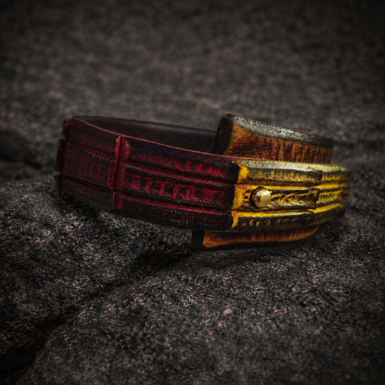 Brown Leather Mens Wrap Cuff Bracelet  Rasta Color  Crocodile Texture  Ishaor