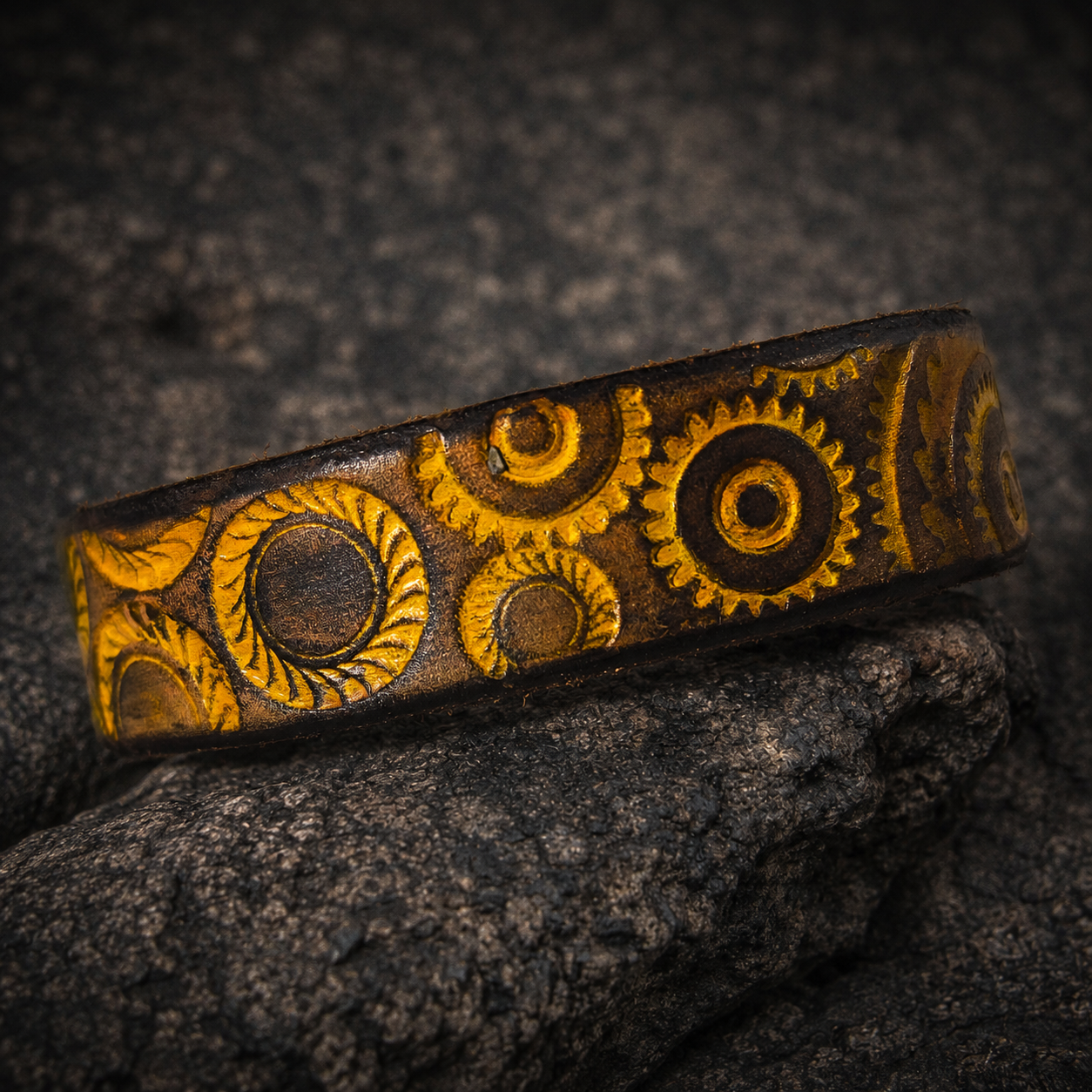 Handcrafted Steampunk Leather Bracelet - 1.5 cm Brown & Yellow Motorcycle Gear Design by ISHAOR