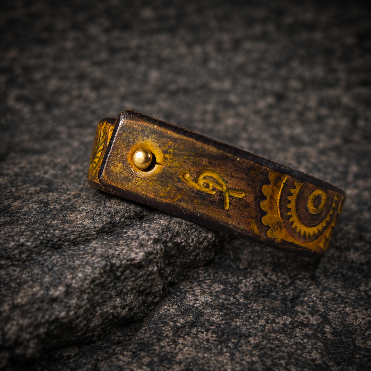 Handcrafted Steampunk Leather Bracelet - 1.5 cm Brown & Yellow Motorcycle Gear Design by ISHAOR