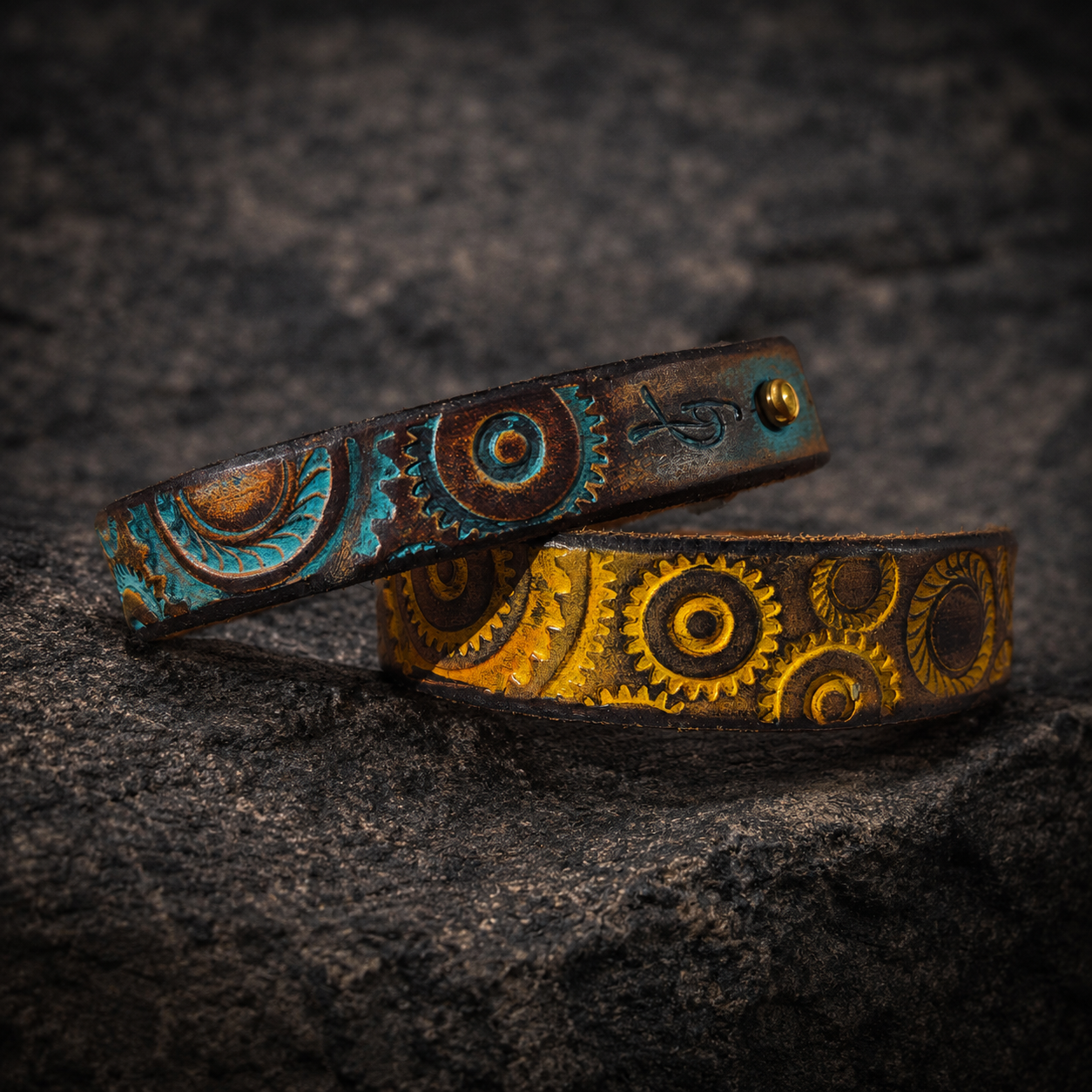 Handcrafted Steampunk Leather Bracelet - 1.5 cm Brown & Yellow Motorcycle Gear Design by ISHAOR